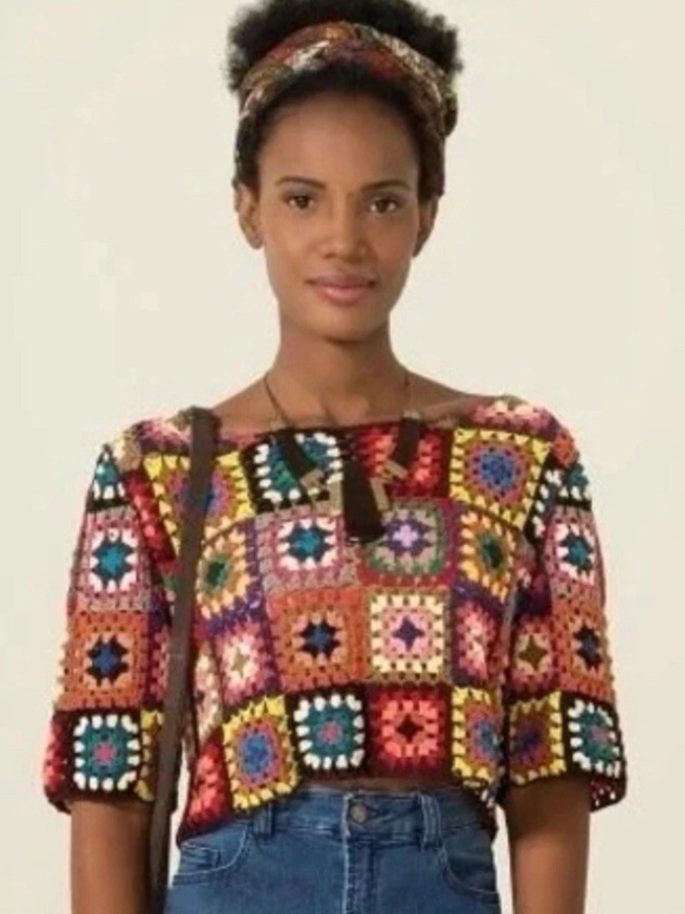 FARM Rio Multicolor Crochet Granny Square Patchwork Crop Top XS/S